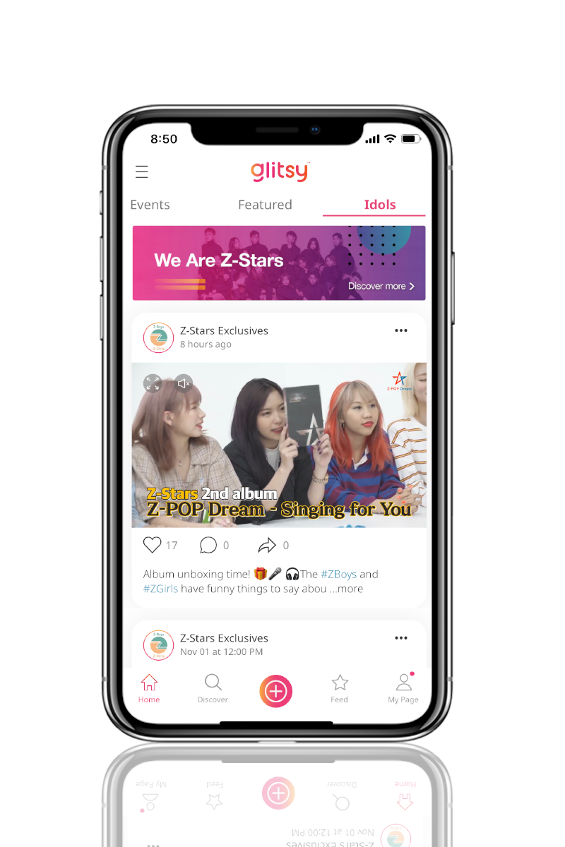 glitsy app — Z-Stars feed with videos, hearts and idol content