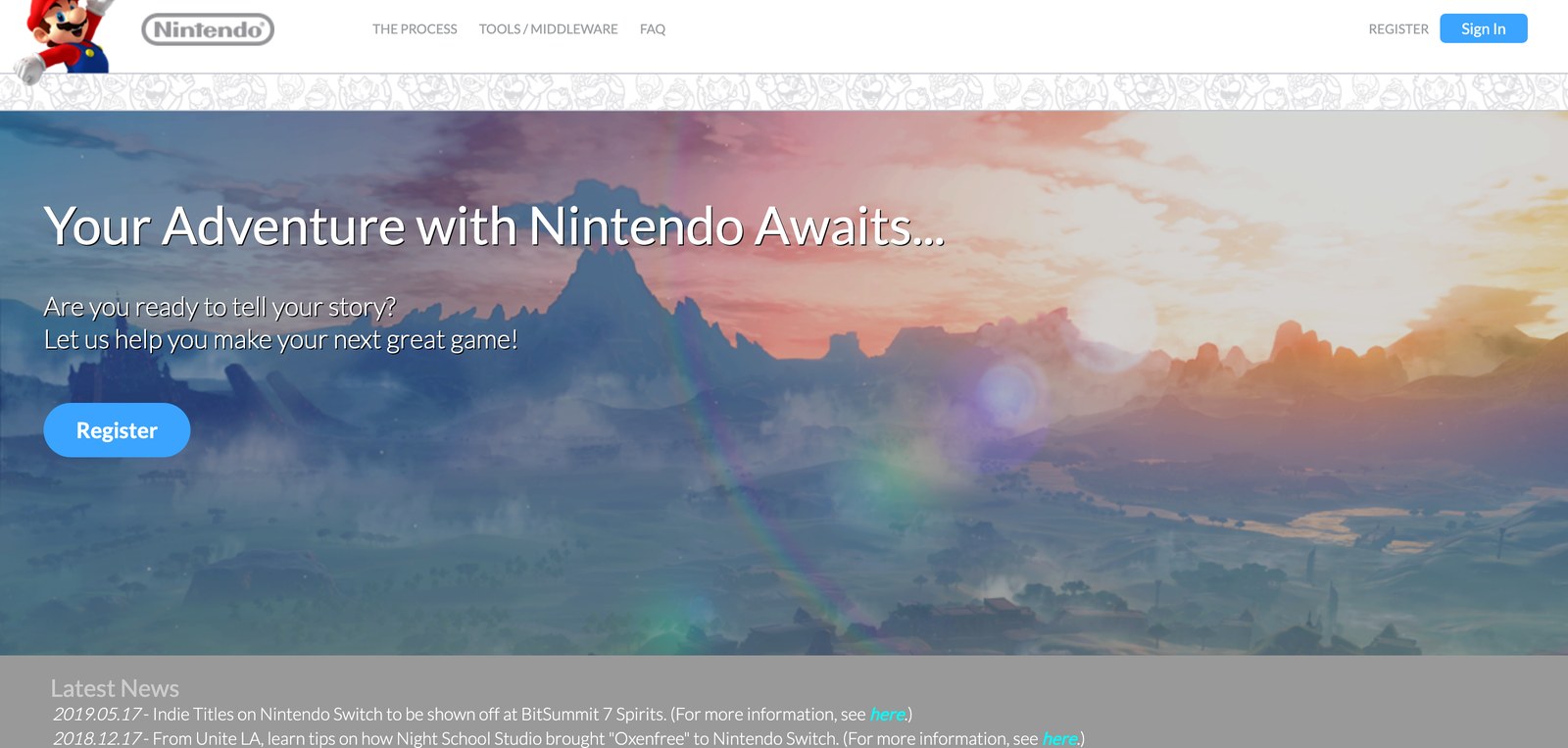 Nintendo Developer Portal homepage — Your Adventure with Nintendo Awaits